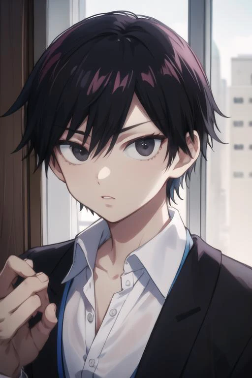 masterpiece, best quality, high quality, 1boy, solo, male focus, looking at viewer, upper body, <lora:kuro:0.60>, kuro, black hair, black eyes, short hair, , school uniform