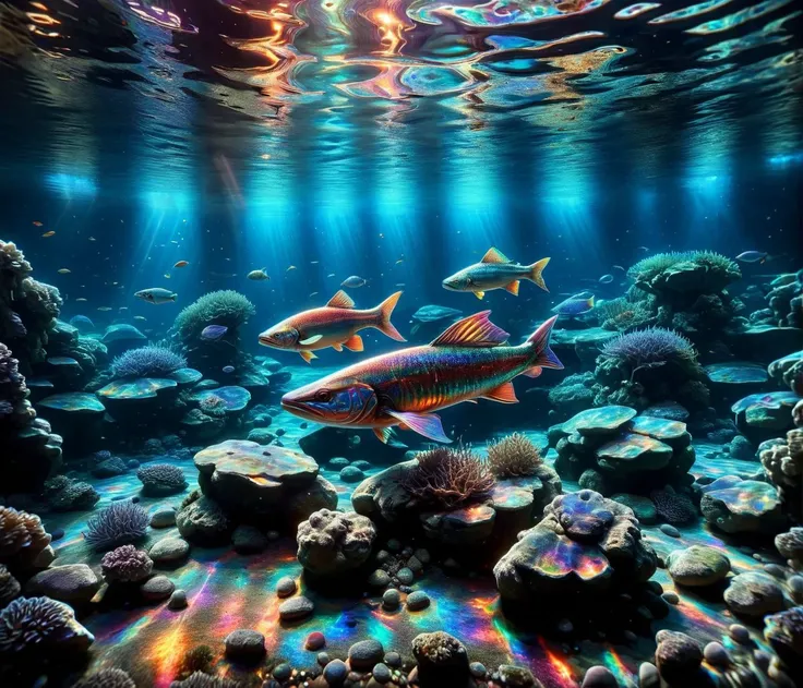 ais-rdscnt, aquarium, many colored fish,  a pike in the foreground, light beam, stones, water plants, corals, <lora:Iridescent:1>  <lora:add-detail-xl:1>