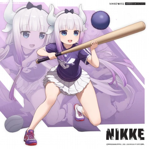 <lora:Char - Kanna Kamui - v1 - Bionagato:1> 1girl, kanna kamui, horns,petite,super open mouth, jitome,smile <lora:NikkeProfileXL:1> IncrsNikkeProfile,one knee,full body, zoom layer,holding baseball bat,holding weapon,skirt,sportswear, one leg kneeling,