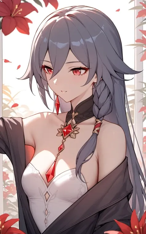 anime girl with long gray hair and red necklace in front of flowers