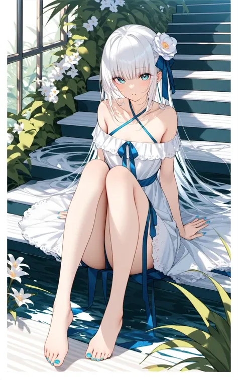 (masterpiece), (best quality),1girl, solo, long hair, looking at viewer, blush, bangs, blue eyes, hair ornament, dress, ribbon, bare shoulders, sitting, very long hair, collarbone, full body, hair ribbon, flower, white hair, parted lips, barefoot, indoors,...