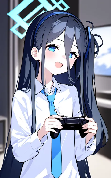 (masterpiece), (best quality), nai3, 1girl, aris (blue archive), necktie, solo, blue eyes, controller, shirt, long hair, hair between eyes, smile, game controller, halo, hairband, white shirt, collared shirt, holding, blue necktie, looking at viewer, black...