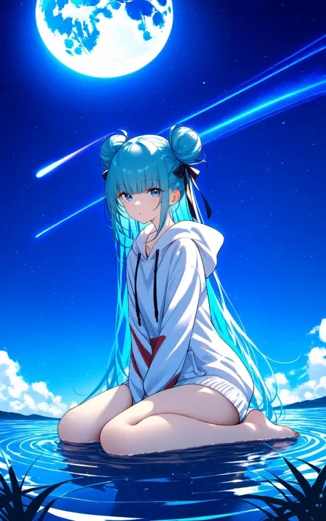 (masterpiece),(best quality),1girl, solo, long hair, looking at viewer, blush, bangs, blue eyes, long sleeves, ribbon, sitting, very long hair, closed mouth, blue hair, full body, hair ribbon, outdoors, parted lips, sky, barefoot, cloud, hood, water, hair ...