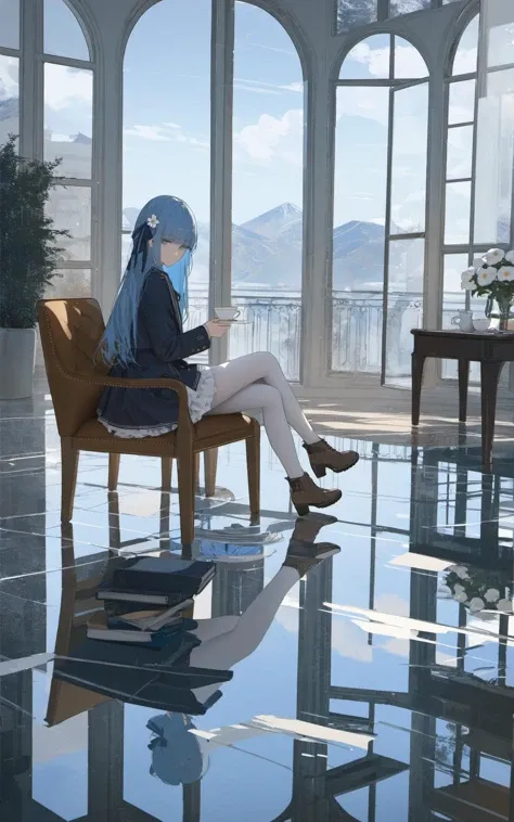 (masterpiece),(best quality),artist void0,1girl,sitting,cup,chair,boots,blue eyes,indoors,table,holding,brown footwear,teacup,bangs,solo,dress,scenery,flower,long sleeves,on chair,window,holding cup,wide shot,long hair,hair ornament,looking at viewer,white...