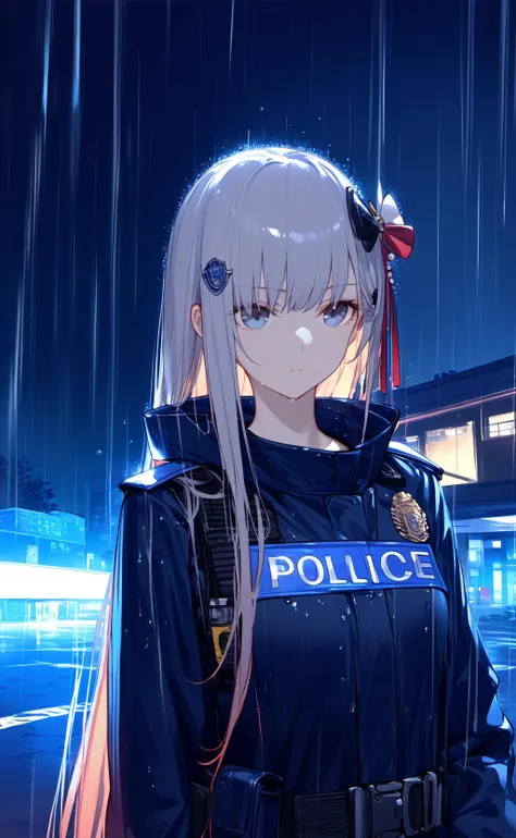 anime girl in police uniform standing in the rain