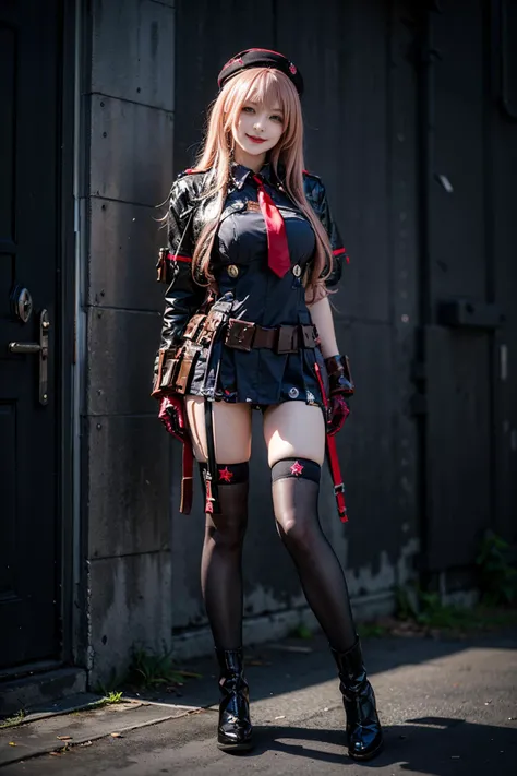 best quality, masterpiece, realistic, (photorealistic:1.4), 1girl, solo, full body, looking at viewer, smile, standing, rapi cosplay costume, cosplay, ammunition belt, bullet, hat, necktie, gloves, thighhighs, boots, detailed background, wall, night, <lora...