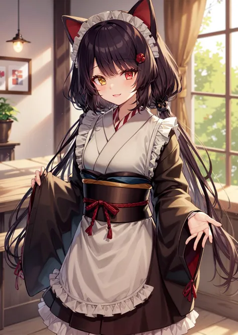 masterpiece, best quality, (twincle eyes:1.1), 1girl,
<lora:inuiToko-000008:0.7>,inuiToko, long hair, low twintails, heterochromia, maid headdress, 
dog ears, animal ears, tail,
japanese clothes,wa maid, skirt, red skirt, kimono, wide sleeves, red hakama, ...