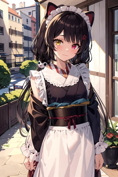 high quality, masterpiece, highres,,
1girl, inuiToko,
long hair, low twintails,
heterochromia, (twincle eyes:1),
dog ears, animal ears,
tail,
maid headdress, japanese clothes, wa maid,
black hakama, black kimono, white apron, frilled apron,
wide sleeves, l...