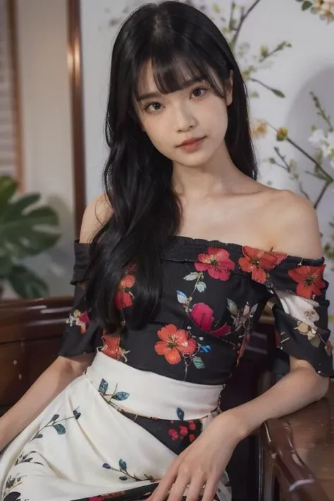 (best quality, lifelike), loose close-up shot, upper body, raw photo of a skinny woman posing, off shoulder, floral print, black dress, <lora:mao_imazumi:0.8> blunt bangs, long hair, dim lighting, <lora:picxer_real:0.7> <lora:epicwang_lora:0.75>