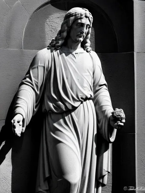 stone stature of jesus , hard contrast , black and white <lora:talesofthegraveyard:1>