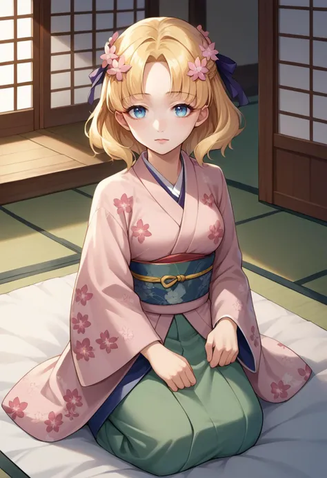 a woman in a kimono sitting on a mat with a flower in her hair