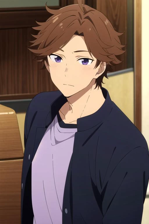 masterpiece, best quality, , 1boy, solo, male focus, looking at viewer, upper body, depth of field, anime coloring, , <lora:hayato_matsuura:0.66>, hayato_matsuura, brown hair, purple eyes