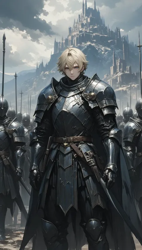 grey eyed, blond hair male warrior, standing in front of an army, wearing a suit of metal armour, stormy sky, mountain and castle