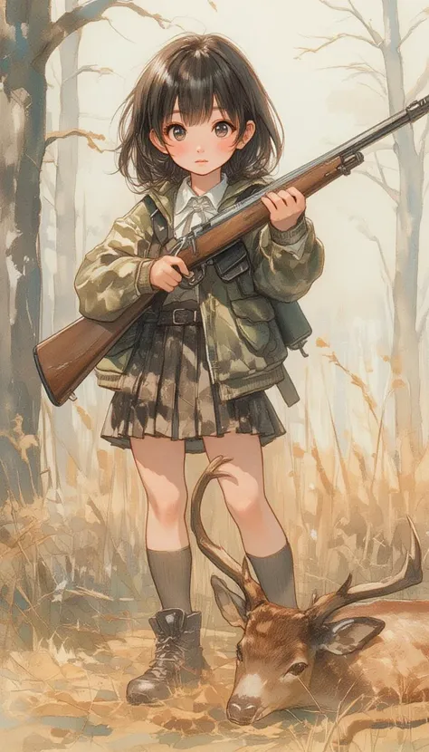 anime illustration,12 years old hunting with rifle,opening day of hunting season,detailed background,black hair or brown hair,we...