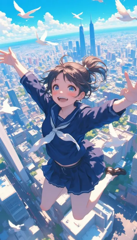 In a bustling urban landscape, a spirited adolescent girl in a crisp, navy-blue sailor uniform is soaring through the sky, her arms and legs outstretched in a carefree embrace of freedom as she descends from a great height. Around her, a few curious doves ...