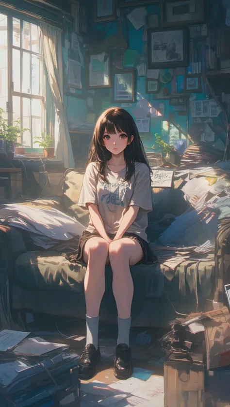 a woman sitting on a couch in a messy room,lyh,anime