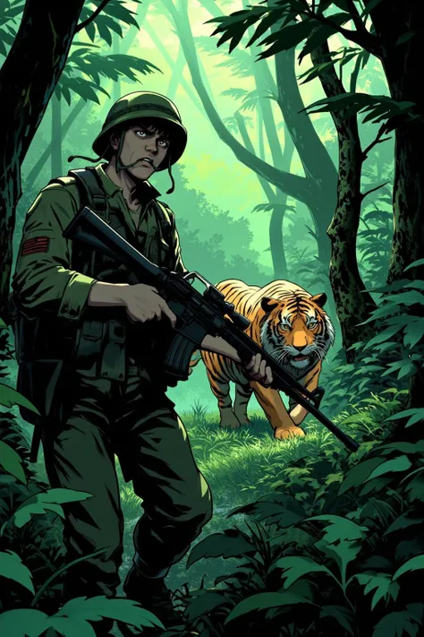 lyh Anime style. Create a tense jungle scene set in Vietnam, featuring a dense, lush environment with thick foliage, tall trees, and tropical plants. We see the close up face of an American Marine, showing fear in his face, is cautiously walking towards th...