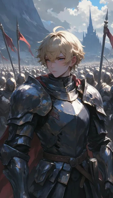 grey eyed, blond hair male warrior, standing in front of an army, wearing a suit of metal armour, stormy sky, mountain and castle 