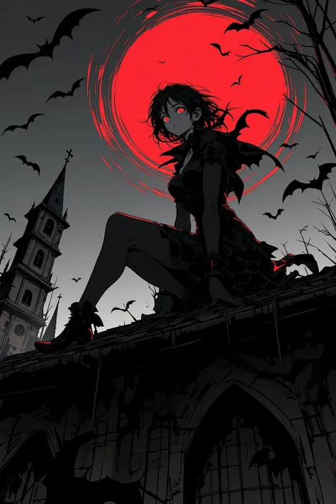 (masterpiece, best, great:1.8), dim composition, HD, masterpiece, female vampire crouching on top of a tiled roof with one hand on roof, black and white scene with red highlights of her eyes and stark red shading for the rim lighting, swirl of bats circlin...