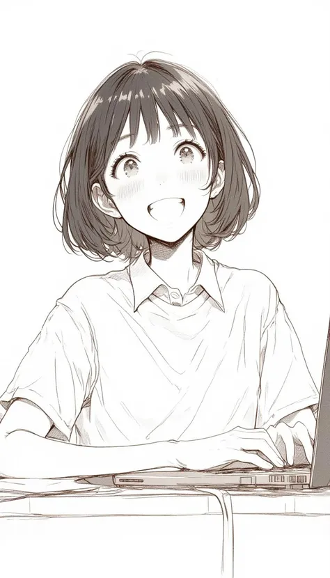 a rough marker sketch of a asian teenage girl with short hair is using laptop while sitting in front of a desk, excited expressi...