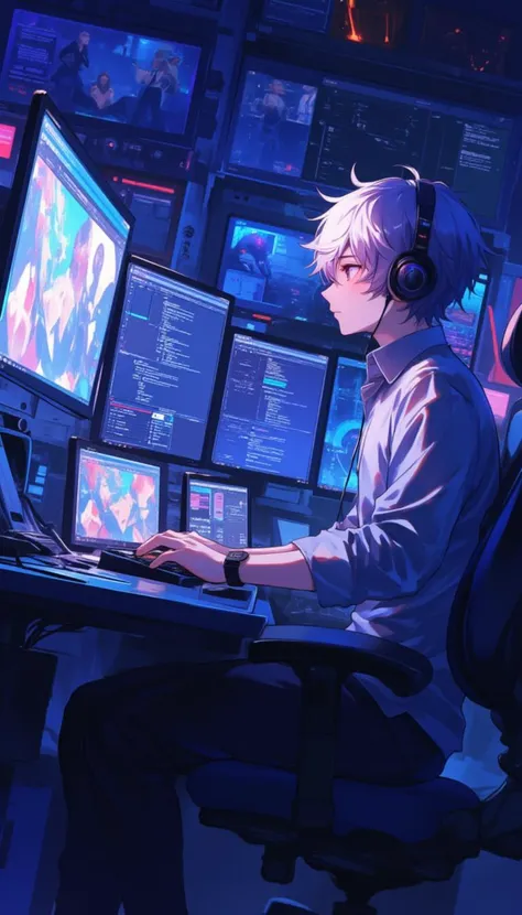 a man sitting at a desk with multiple monitors,anime,mia
