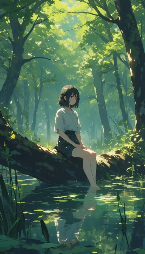 a woman sitting on a log in a swamp,anime,lyh_niji