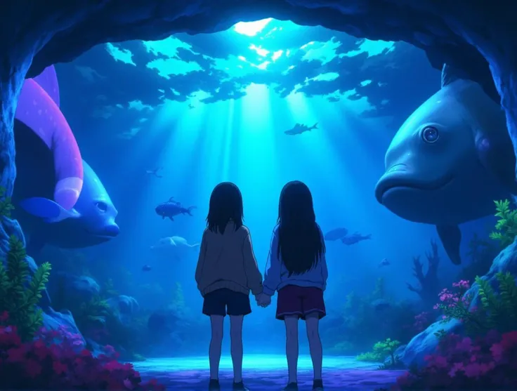 anime screencap of two young girls in a vibrant, lively aquarium with mysterious lighting, going on a date, holding hands, wearing casual clothes. there are all sorts of sea creatures in displays. They are in love