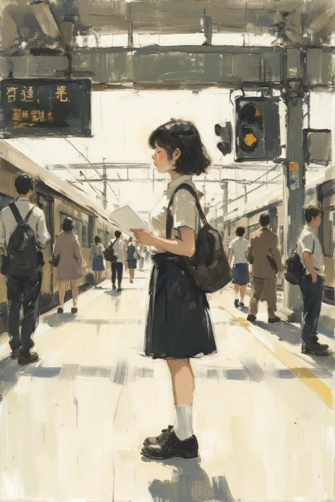 Sketch painting. Anime lyh artwork, Profile of a high school student in uniform, white socks and black shoes, standing in the middle of a train station, holding two acceptance letters--one for a local college and the other for an overseas university. The s...