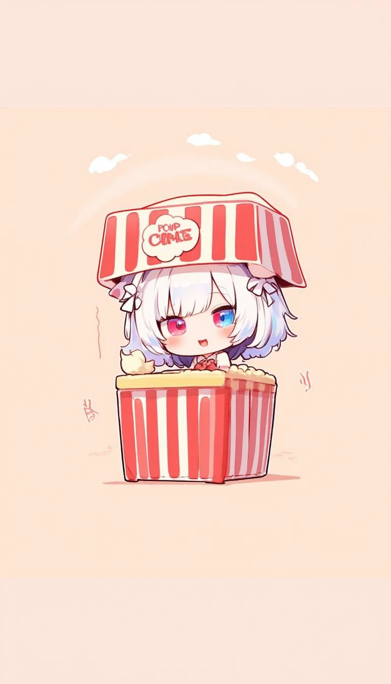 Create an illustration of a popcorn vendor. front view. wearing a traditional striped uniform of red and white, complete with a matching cap. chibi style, flat 2D colours, children book style, VECTOR, sanrio style ,hatyuuruinohito style,the0neulost