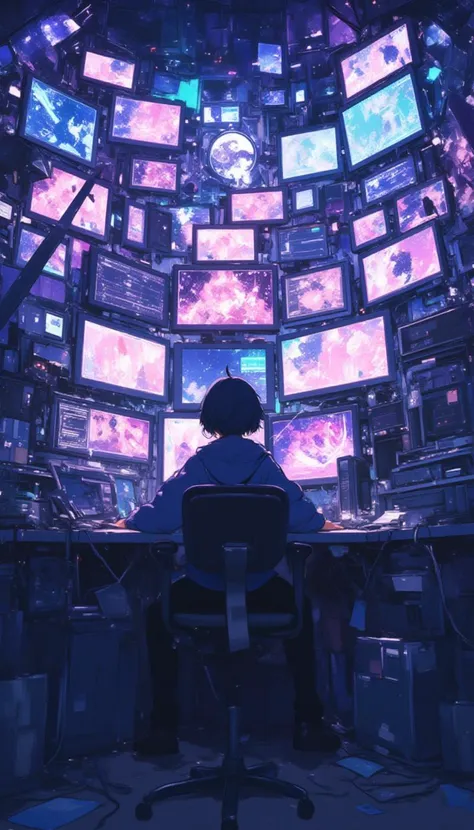 a man sitting at a desk with multiple monitors,anime