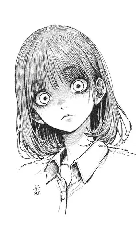 a drawing of a person with a weird face junji ito draw,
