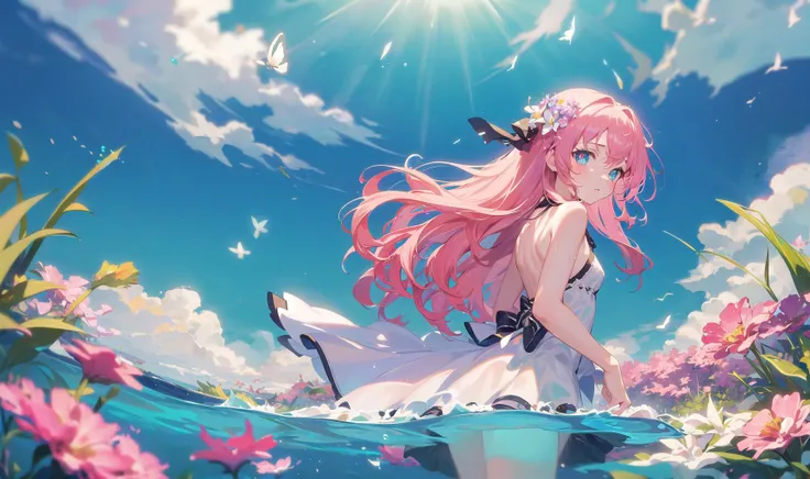 anime girl sitting on a flowery rock in the middle of a lake