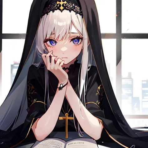 anime girl with blue eyes sitting at a table with a book