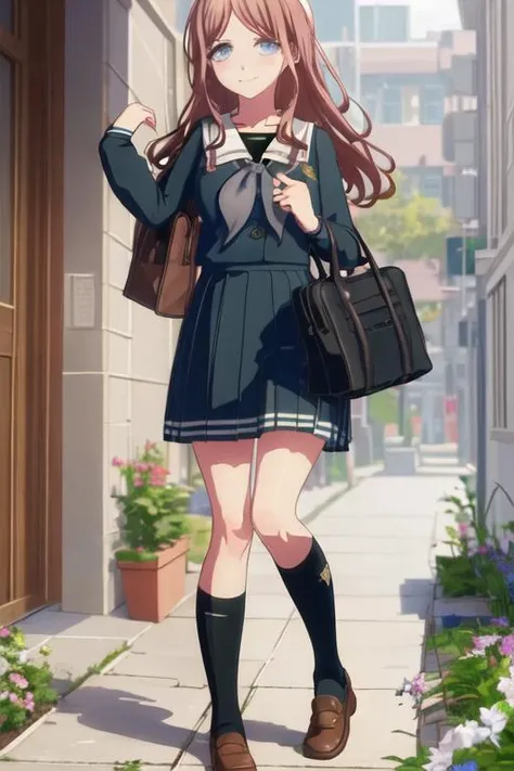 best quality, masterpiece, highres, solo, {nagasaki_soyo_bangdreamitsmygo:1.15}, long_hair, brown_hair, bangs, blue_eyes, smile, serafuku, upper_body, 1girl, bag, school_uniform, skirt, pleated_skirt, socks, kneehighs