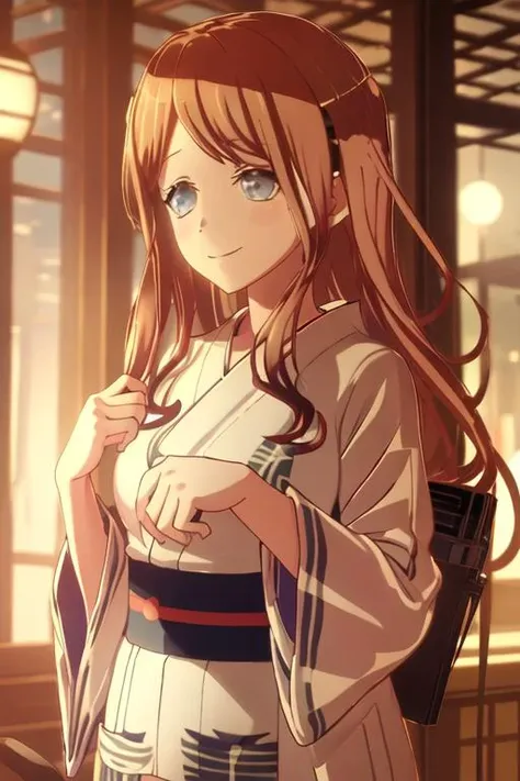 best quality, masterpiece, highres, solo, {yukata:1.40}, {kimono:1.20}, {nagasaki_soyo_bangdreamitsmygo:1.15}, long_hair, brown_hair, bangs, blue_eyes, smile, serafuku, upper_body