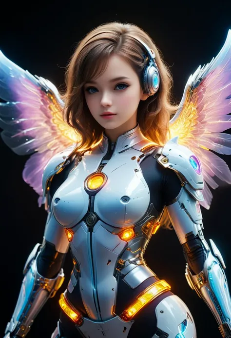 (best quality, masterpiece, colorful, dynamic angle, highest detailed)upper body photo, full body photo, fashion photography of cute mechangel, glowing 4 wings, solo, glowing armor, glowing halo, building, glowing mechanical 4 wings (intricate details, hyp...