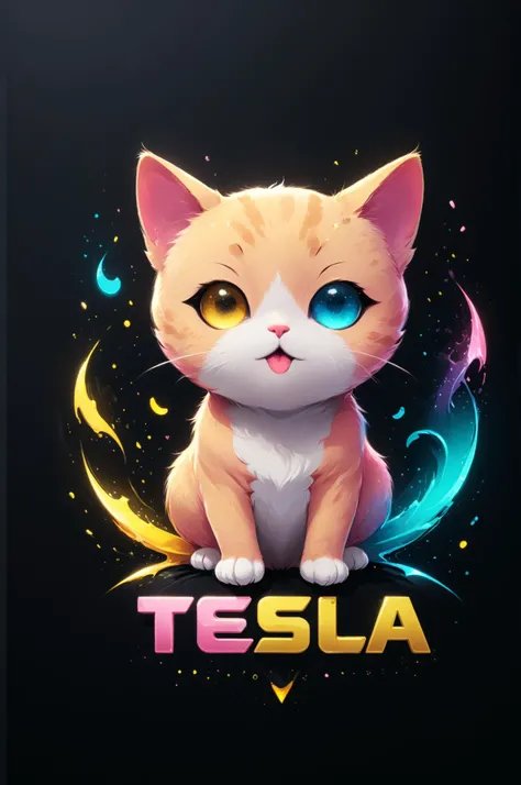 Cute Vector | Vector cat character for t-shirt design, pink, blue, yellow, green colored, clean and black background, V-ray, transparant, text logo Tesla, <lora:Harrlogos_v1.1:1>