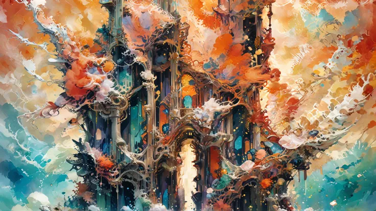 anime key visual, "The Metropolis of Structure", Panorama, by CLAMP, detailed, masterpiece, Energetic, Neo-Primitivism, Pastel Colors, dripping Alabaster and orange, ornate, <lora:Double_Exposure:1> double exposure