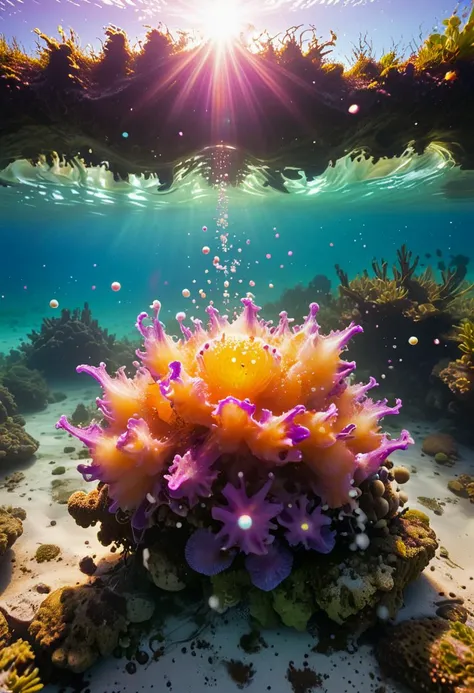 Ocean water, bobbles, splash. Purple aura, the flora, orchidaceae to fungal spore release
To algaes in the coral reef
Florida orange, Georgia peach, Lens Flare, Psychedelic, graffiti