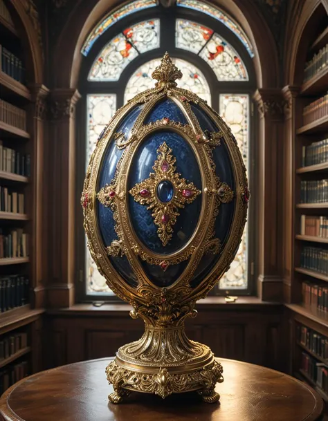 Digital illustration, a Fabergé egg displayed prominently in the library of a Russian tsar. This exquisitely crafted egg, adorned with precious gems and intricate gold filigree, stands on a pedestal surrounded by ornate bookshelves filled with leather-boun...