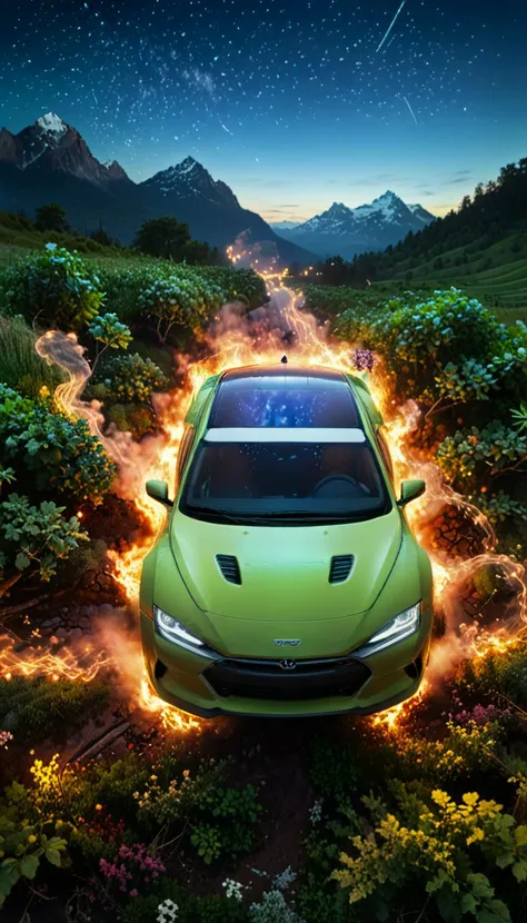 automotive advertisement style photography,(vibrant colors:0.8), a fantastic landscape at night covered in magical plantlife, (quantum waveform:0.7) . sleek, dynamic, professional, commercial, vehicle-focused, high-resolution, highly detailed