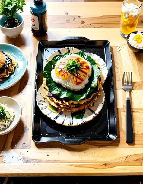 Wide angle realistic painting, (Several okonomiyakis cooking on teppanyaki:1.3), Balanced composition, Golden brown okonomiyaki, Green garnishes, (Mayonnaise zigzag on sliced okonomiyaki:1.2), Partially cleaned metal grill, Cooking residues, Two metal spat...