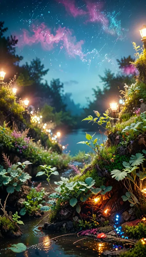 cinematic photo photography,(vibrant colors:0.8), a fantastic landscape at night covered in magical plantlife, (quantum waveform:0.7) . 35mm photograph, film, bokeh, professional, 4k, highly detailed