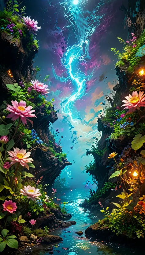 anime artwork photography,(vibrant colors:0.8), a fantastic landscape at night covered in magical plantlife, (quantum waveform:0.7) . anime style, key visual, vibrant, studio anime, highly detailed