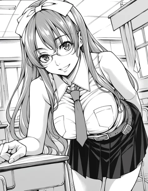 anime girl in a school uniform leaning on a desk