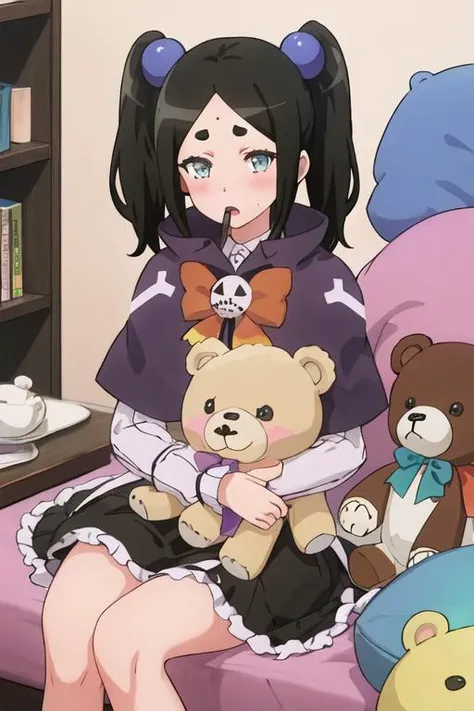 best quality, masterpiece, highres, solo, {toxico_dannar_futokunoguild:1.15}, black_hair, twintails, blue_eyes, hair_ornament, blush, thick_eyebrows, open_mouth, 1girl, brown_hair, purple_shirt, scrunchie, stuffed_animal, stuffed_toy, teddy_bear, closed_mo...