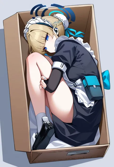 score_7_up, source_anime, uncensored BREAK <lora:full_encasement:1> in container, fetal position, cardboard box, sleeping, closed eyes <lora:toki-asuma-ponyxl-lora-nochekaiser:1l> toki-default, || toki (blue archive),long hair,braid,halo, kneehighs,mary ja...