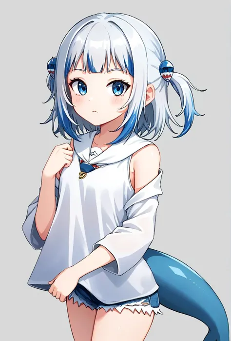 1girl, gawr gura, blue eyes, blue hair, short gray hair, medium hair, shark tail