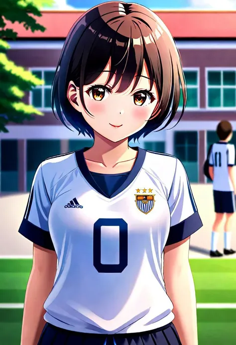 girl, short hair, wearing a shirt of the soccer team, leaving school, clear focus (house: 0.8), (masterpiece: 1.2) (Realistic: 1.2) (Bokeh) (Best quality) (Detailed Skin: 1.3) (Intricate Details) (8K) (Detail Eyes) (Sharp Focus), (Happy)