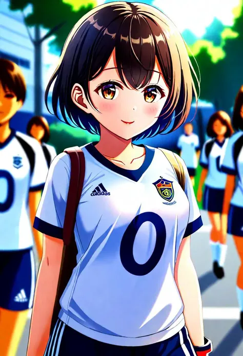 girl, short hair, wearing a shirt of the soccer team, leaving school, clear focus (house: 0.8), (masterpiece: 1.2) (Realistic: 1.2) (Bokeh) (Best quality) (Detailed Skin: 1.3) (Intricate Details) (8K) (Detail Eyes) (Sharp Focus), (Happy)